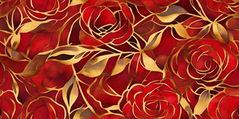 watercolor art nouveau roses art deco pattern, in red and gold colors. Crimson Romance: A timeless pattern of lush red roses entwined with golden leaves on a deep red backdrop.