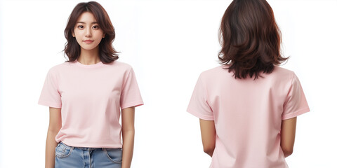 Front and back view, Japanese female model wearing plain pink t-shirt, mock up, isolated on white background, Ai generated images
