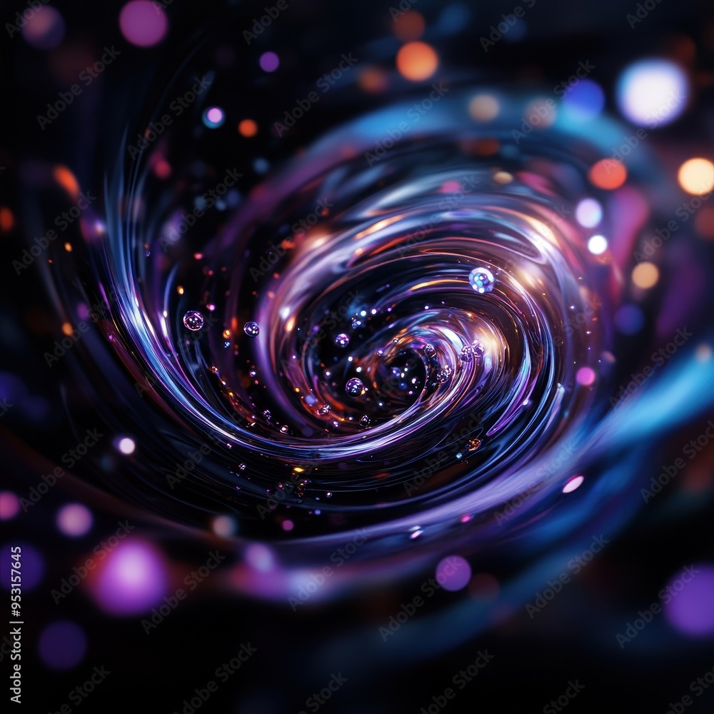 Poster Abstract cosmic swirl with vibrant colors and bokeh lights, creating a mesmerizing deep space effect