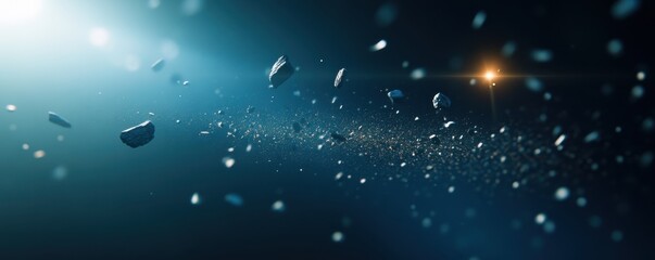 Abstract cosmic scene with floating particles and rocks illuminated by a distant light source, creating a mysterious outer space atmosphere.
