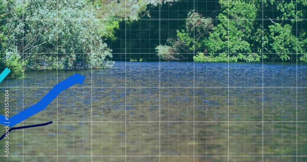 Poster blue arrow graph animation over clear river with lush green trees