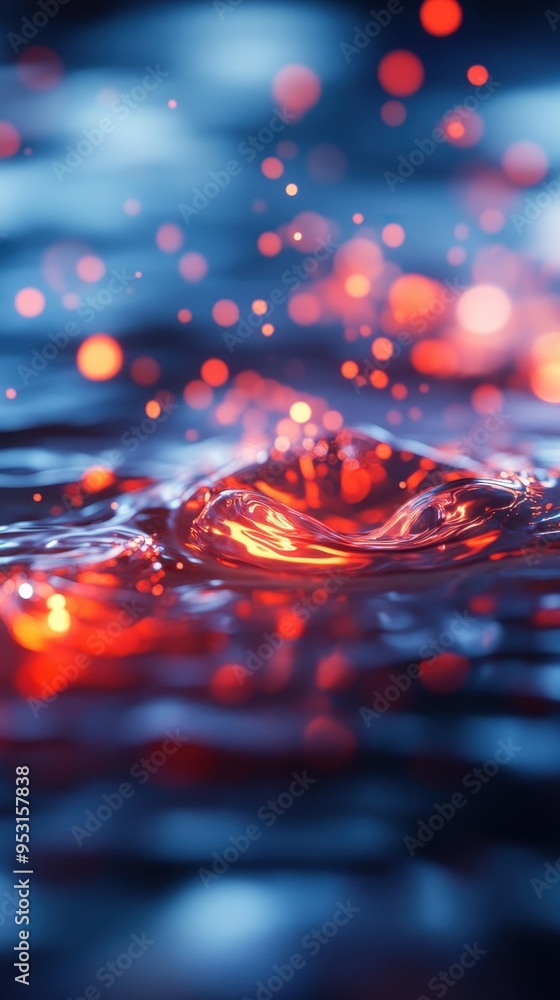 Poster abstract image of water with vibrant red droplets, creating dynamic ripples and splashes against a d