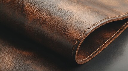 A richly textured North American wallpaper with a faux leather effect in shades of dark brown. The design is accented by subtle stitching details along the edges, leaving a large blank space in the