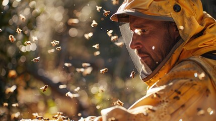 A beekeeper in protective gear tends to a hive, surrounded by buzzing bees and the sweet scent of honey in the air.