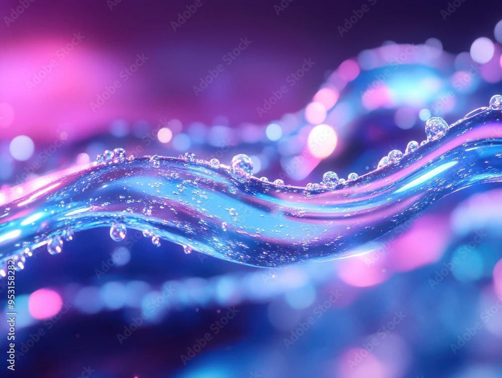 Poster close-up of glistening, undulating blue and pink abstract light waves with bokeh background, creatin