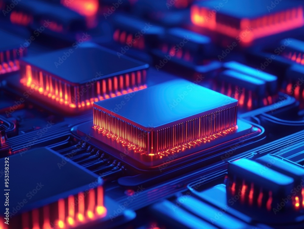 Poster close-up of glowing computer microchips on a circuit board. high-tech, futuristic digital technology