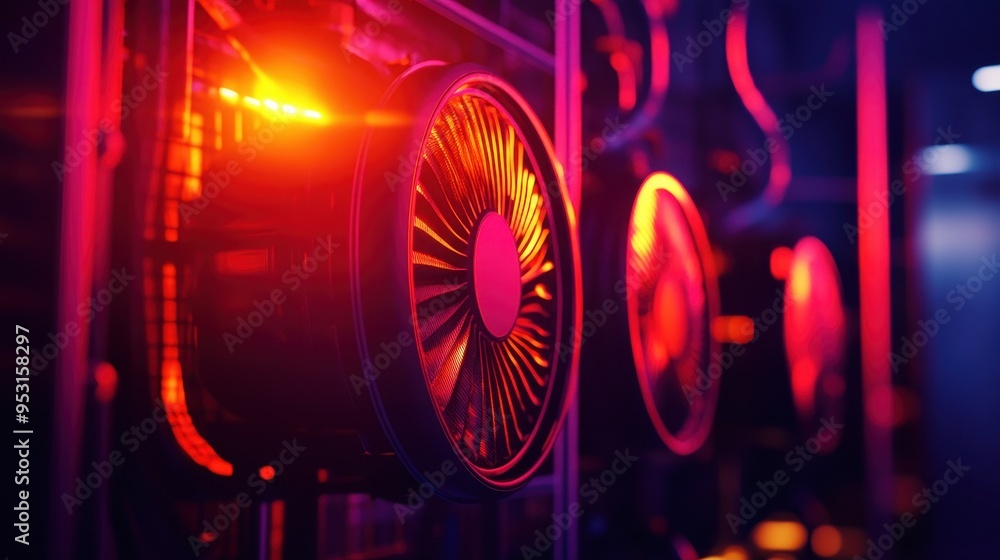 Aufkleber close-up of gpu units in vibrant neon lights, representing high-performance computing and modern tec