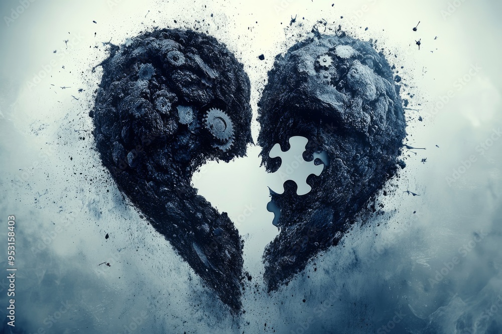 Poster imagination partner abstract heart shaped brain design with puzzle pieces symbolizing the emotional 