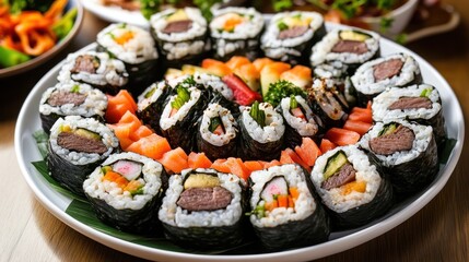 Korean Kimbap Platter with Marinated Beef and Vegetables
