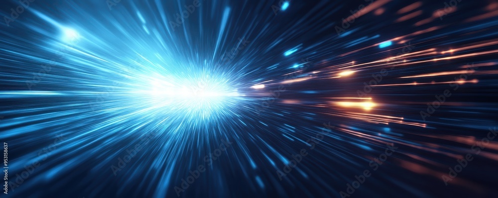 Poster dynamic light speed motion with streaks of blue and orange, creating a futuristic and energetic back