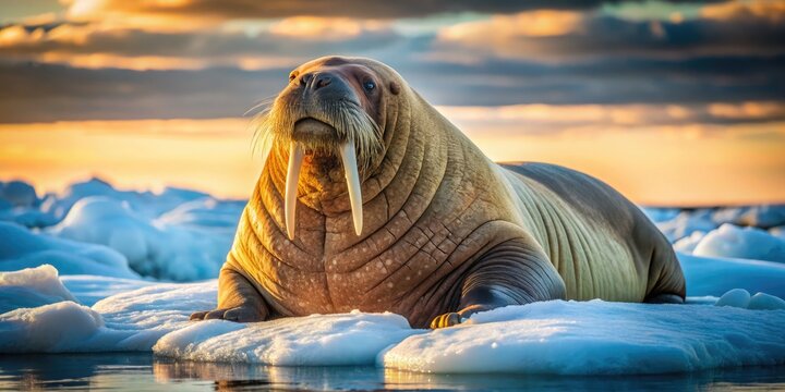 A large walrus rests on Arctic sea ice, its tusks gleaming in the sunlight, its blubbery body glistening with dew, amidst a serene frozen landscape.