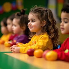 Obraz premium Group of happy children in a classroom setting, sitting at a table, smiling, and engaging in a colorful learning environment.