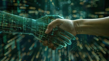 A human hand shakes the hand of a digital being, made of glowing green lines and dots. The background is blurred, dark, and full of bokeh.
