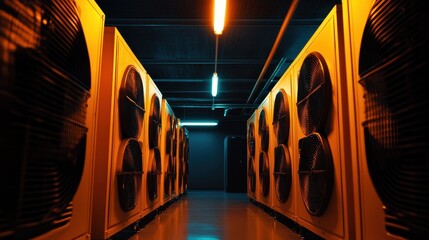 Industrial server room with cooling units and lights, creating an atmosphere of high-tech infrastructure in data management.