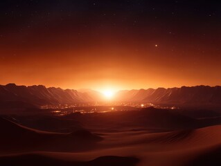 Stunning view of a sunset over a Martian landscape, showcasing the beauty of extraterrestrial horizons and potential future colonies on Mars.
