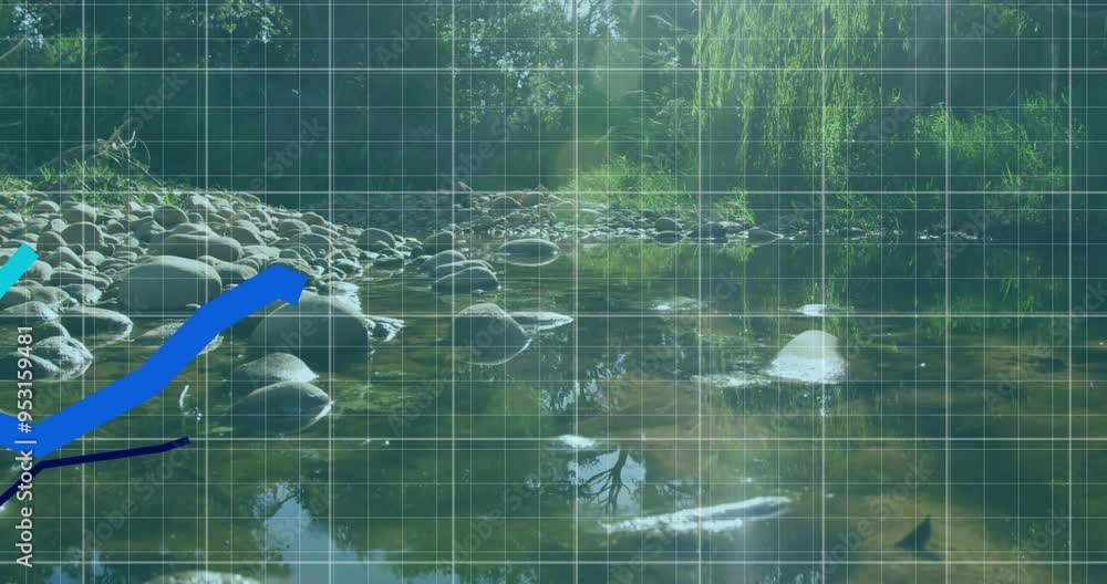 Poster graph animation over tranquil river with rocks and trees in background
