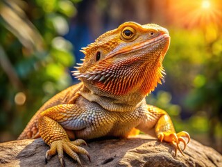 Obraz premium A majestic bearded dragon perches on a rock, its scaly skin glistening in the sunlight, with a vibrant orange and yellow color scheme.