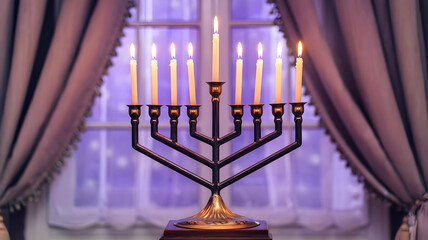 Hanukkah, Glowing Hanukkah Candles, Jewish holiday Hanukkah, Religious holiday art with Happy Hanukkah lettering. 