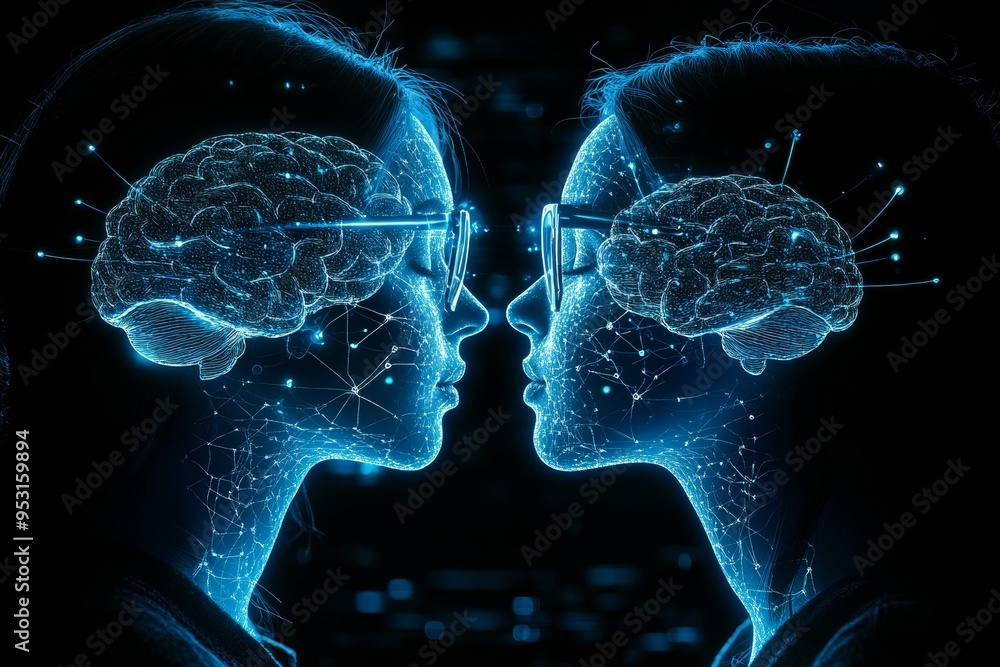 Poster perception intimacy high tech portrait of two individuals with digital brain overlays emphasizing th