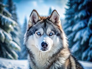 A majestic dog with wolf-like features, piercing blue eyes, and a thick gray and white coat stands proudly in a snowy wilderness landscape.