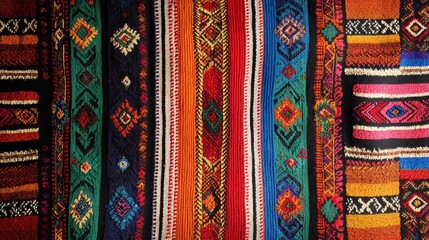 A traditional South American wallpaper with a repeating pattern of intricate Bolivian weaving designs in rich colors. The design forms a border around a large blank central area, perfect for text