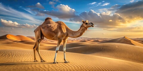 A majestic dromedary camel stands solo amidst endless desert dunes, its distinctive hump and gentle gaze evoking serenity and tranquility in the vast arid landscape.