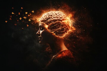 Understanding Intimacy Abstract portrait of a woman with a fiery brain symbolizing intense passion and the burning energy of creative thought