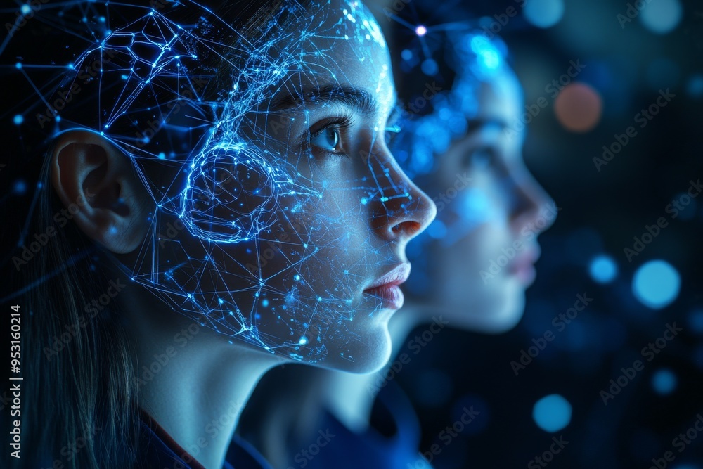Poster creativity intimacy digital illustration of a womans face with neural network overlays representing 