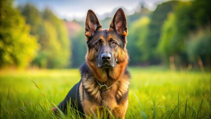 A majestic German Shepherd dog with a shiny black coat and alert ears stands proudly in a lush green meadow, gazing directly at the camera.