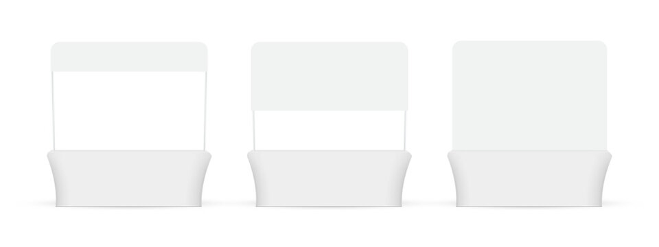Set Of Viewpoint Tables With Backwall Banners, Exhibition Equipment, Isolated On White Background. Vector Illustration