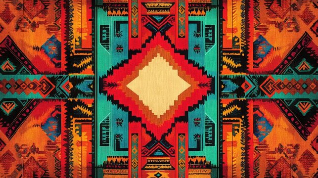 A vibrant South American wallpaper featuring a repeating pattern of intricate Andean textiles in bold colors such as red, orange, and turquoise. The design is bordered by traditional geometric
