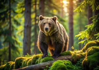 Fototapeta premium A majestic grizzly bear roams freely in a lush, green forest, its thick fur glistening in the sunlight, its powerful claws at rest on a mossy log.