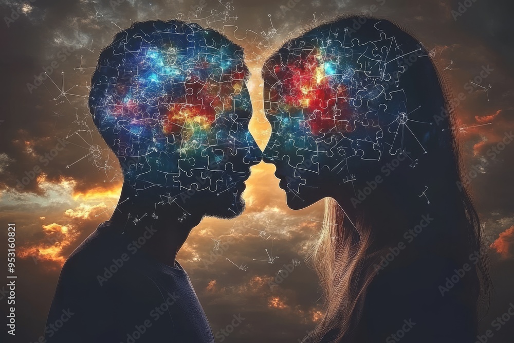 Poster neuroscience intimacy portrait of a couple with colorful brain elements highlighting the diversity a