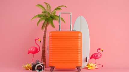 Vibrant summer escape scene featuring an orange suitcase, beach chair, sunglasses, surfboard, inflatable flamingo, coconut tree, and umbrella on a playful pink backdrop.