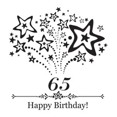 Happy birthday card. Celebration background with number sixty five, firework and place for your text. Vector illustration 