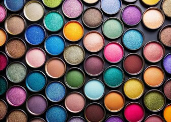 A collection of eyeshadow pans in a variety of colors, artfully arranged in a staggered formation, with dramatic shadowing and highlights that make the colors jump off the page.