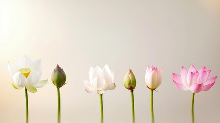 A serene arrangement of five beautifully blooming lotus flowers in varying stages of growth against a soft background.