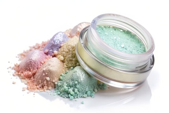 A soft, diffused light illuminates a delicate mound of shimmery loose eyeshadow, creating a subtle gradient of pastel hues