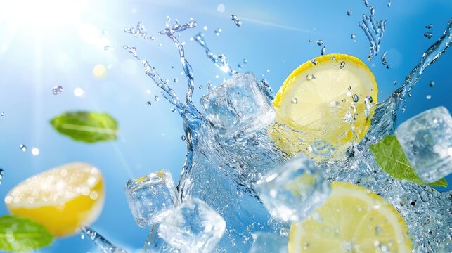 Refreshing splash of water with lemon slices and ice cubes, perfect for summer drink concepts or cooling beverages.