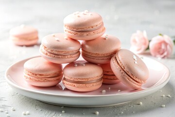 Fototapeta premium Blush-colored macarons, arranged artfully on a porcelain plate, glisten with dew-kissed drops, radiating a sense of freshness and delicacy against a crisp white backdrop.