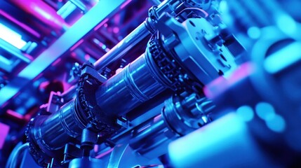 Fototapeta premium Industrial Machinery Close-up Under Neon Lights
