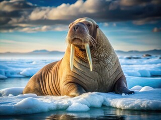 Fototapeta premium A majestic walrus rests on Arctic ice, its tusks and whiskers prominent, as it gazes calmly ahead, surrounded by frozen tundra and icy waters.