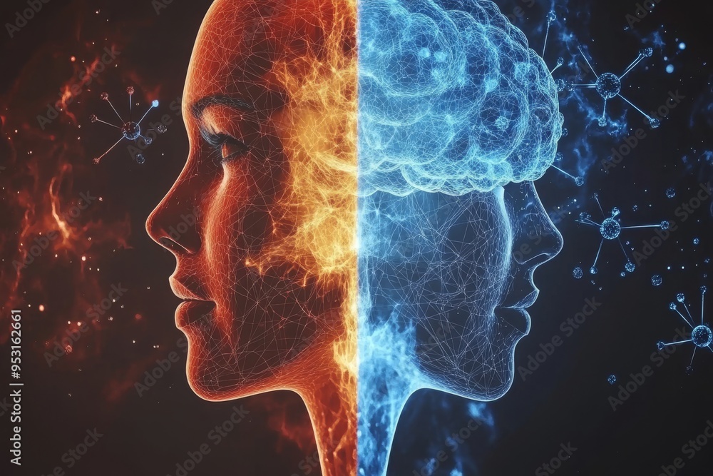Poster intelligence devotion dual profile image with a split blue and red brain symbolizing the contrast be