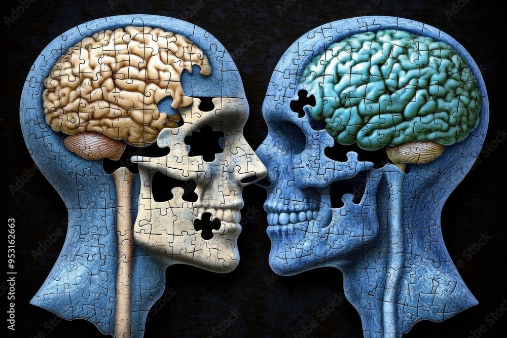 Poster thought devotion vintage style illustration of puzzle piece brains highlighting the missing elements