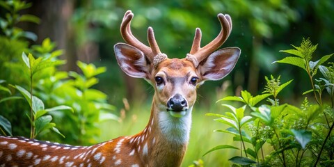 Naklejka premium A majestic white-tailed deer with large brown eyes and white-speckled fur grazes peacefully in a serene forest clearing surrounded by lush green foliage.