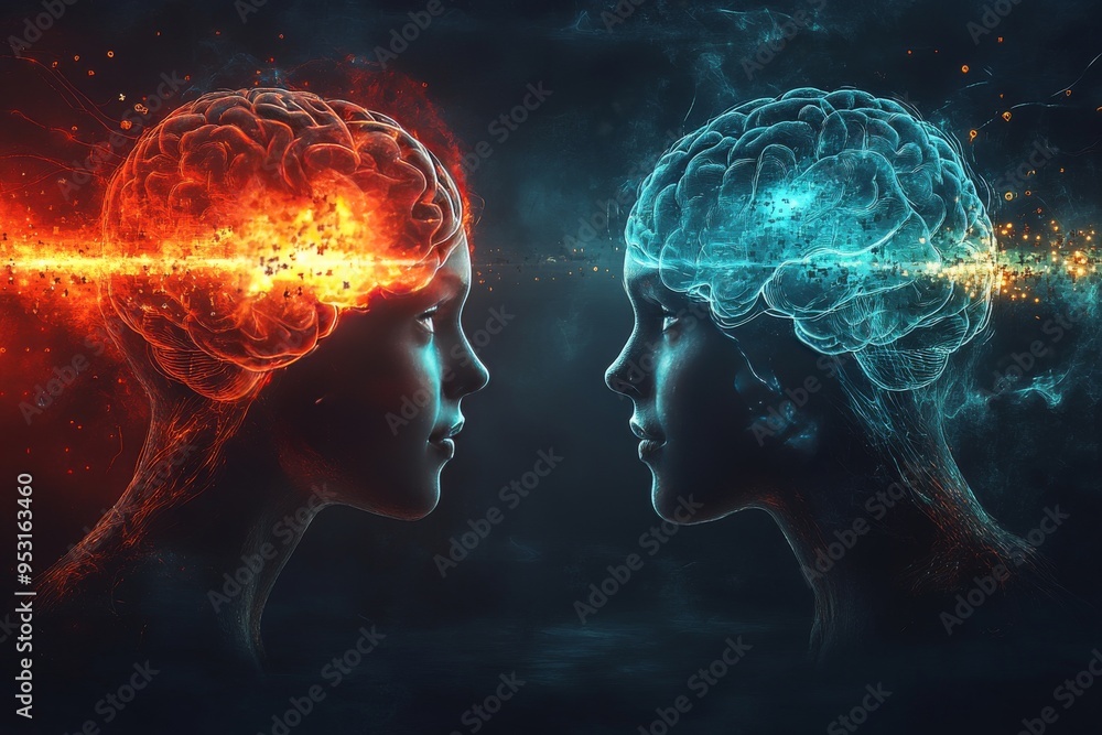 Poster learning devotion abstract fiery brain with a calm blue counterpart symbolizing the duality of inten