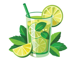 Lemon lime green mojito with mint leaves, vector illustration