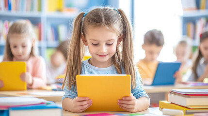 Little Learner: A young girl with pigtails smiles as she uses a tablet in a classroom setting. The photo evokes a sense of curiosity and joy in learning.  