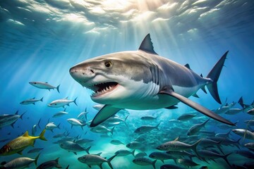 Fototapeta premium A powerful great white shark swims through clear turquoise water, its sharp teeth and fins visible, with a school of fish in the distance.