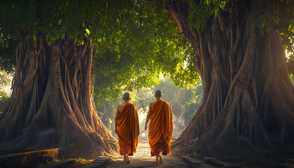  adult monks and one teen monk walking between giant bodhi trees